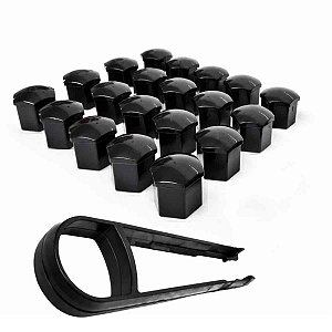 Kit 20 capas Parafuso de roda 19mm preto brilhante e chave