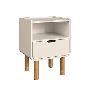 Mesa de Cabeceira Aura 450| 1 Gaveta Orgânica Pé Madeira | Offwhite