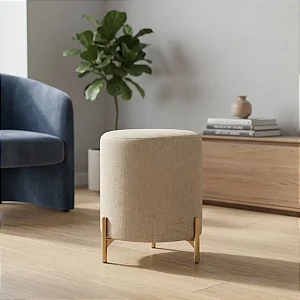 Puff Cilindrico Decorativo Sala Apoio Pes Linho Dourado Luxo