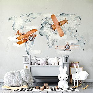 Painel de Parede Personalizado Mapa Mundi e Aviões