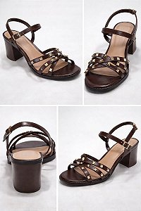 Sandália Feminina Marrom com Tiras e Tachas – Salto Médio