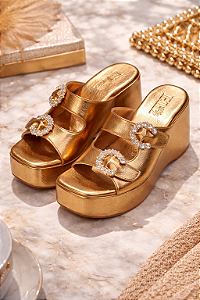Tamanco Plataforma Feminino Metalizado Dourado com Pedrarias