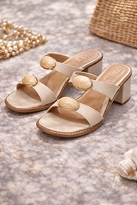 Tamanco Feminino Salto Médio Bege com Pedrarias