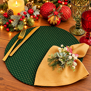 Kit Natal Poá Verde Dourado: 1 Capa + 1 Guardanapo + 1 Anel PG
