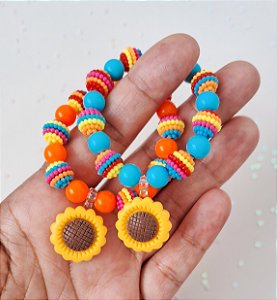 Conjunto de pulceiras girassol laranja e azul