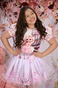 Conjunto Coleção Princesas Infantil Blusinha e Saia Tule Boneca