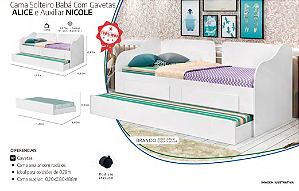 Cama Solteiro Babá Com Gavetas ALICE e Auxiliar NICOLE