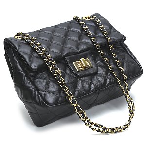 Bolsa Feminina Couro Legitimo Matelassê Média Preto C/ Dourado
