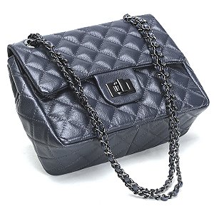 Bolsa Feminina Couro Legitimo Matelassê Média Azul C/ Grafite