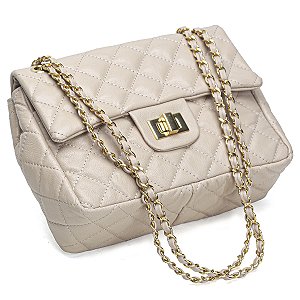 Bolsa Feminina Couro Legitimo Matelassê Média Nude C/ Dourado