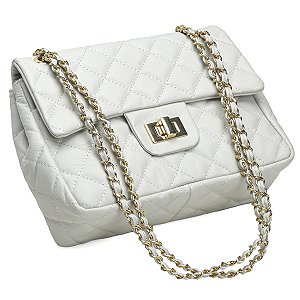 Bolsa Feminina Couro Legitimo Matelassê Média Off-white C/ Dourado