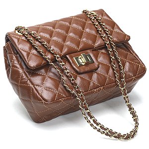 Bolsa Feminina Couro Legitimo Matelassê Média Marrom C/ Dourado
