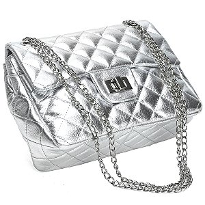 Bolsa Feminina Couro Legitimo Matelassê Média - Prata
