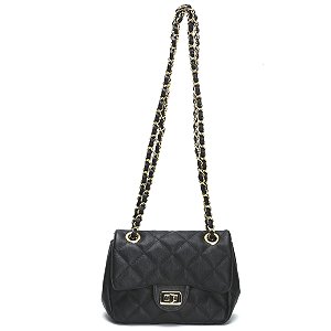Bolsa Feminina Couro Legitimo Matelassê Mini Bag - Preta C/ Dourado