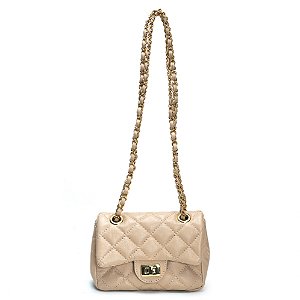 Bolsa Feminina Couro Legitimo Matelassê Mini Bag - Nude C/ Dourado