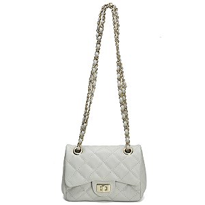 Bolsa Feminina Couro Legitimo Matelassê Mini Bag - Off-white C/ Dourado