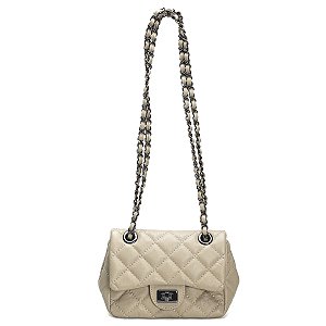 Bolsa Feminina Couro Legitimo Matelassê Mini Bag - Nude C/ Grafite