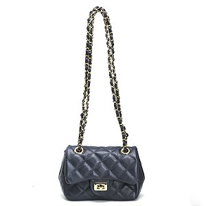Bolsa Feminina Couro Legitimo Matelassê Mini Bag - Azul Marinho C/ Dourado