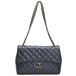 Bolsa Feminina Couro Legitimo Matelassê Grande Azul C/ Dourado