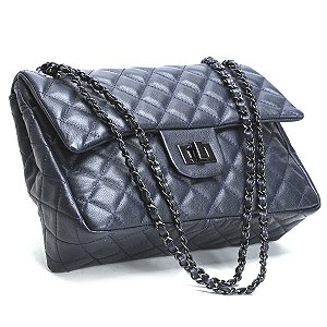 Bolsa Feminina Couro Legitimo Matelassê Grande Azul C/ Grafite
