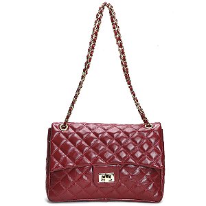 Bolsa Feminina Couro Legitimo Matelassê Grande Vermelha C/ Dourado