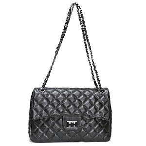 Bolsa Feminina Couro Legitimo Matelassê Grande Preto C/ Grafite
