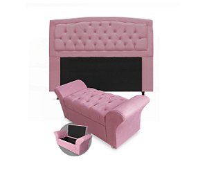 Kit Cabeceira Geovana e Calçadeira Veneza 100cm suede Rosa