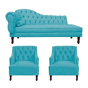 Divã Cancun 160cm Direito + 2 Poltronas Genesis Azul Turquesa