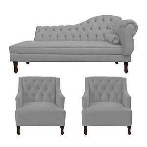 Divã Cancun 140cm Esquerdo + 2 Poltronas Genesis Cinza