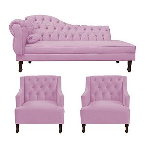 Divã Cancun 140cm Direito + 2 Poltronas Genesis Rosa Bebê