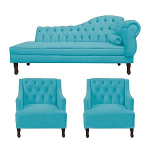 Divã Cancun 160cm Esquerdo + 2 Poltronas Genesis Azul Turquesa