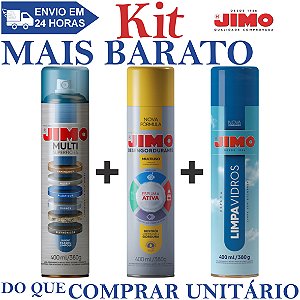 KIT 1 Multi Superfícies Aerossol 400ml + 1 Desengordurante Multiuso Aerossol 400ml + 1 Limpa-Vidros 400ml - JIMO