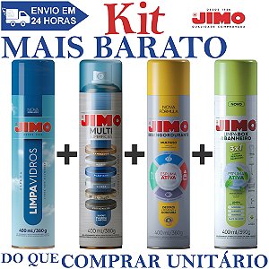 KIT 1 Limpa Vidros 400ml + 1 Multi Superfícies 400ml + 1 Desengordurante Multiuso 400ml + 1 Limpa Box e Banheiro 400ml