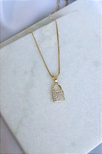 Colar cadeado zircônia • folheado a ouro