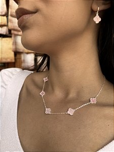 Choker 5 trevo rosa • folheado a prata