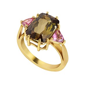 Anel em ouro amarelo com andaluzita e turmalinas rosas