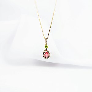 Colar em ouro amarelo com turmalina rosa, peridoto e diamantes chocolate