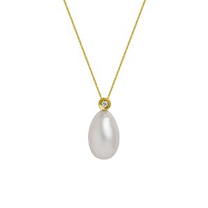 Colar em ouro amarelo com pérola gota e diamante