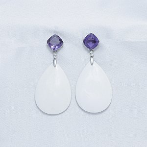 Brinco em ouro branco com ametista, diamantes e ágata
