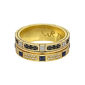 Anel giratório em ouro amarelo com diamantes, diamantes negros e safiras