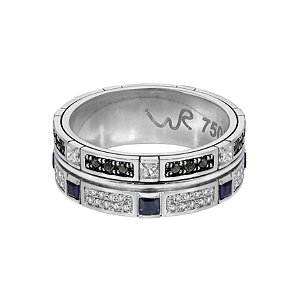 Anel giratório em ouro branco com diamantes, diamantes negros e safiras