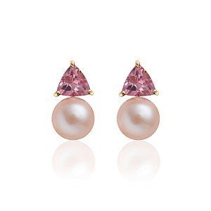 Brincos em ouro amarelo com pérola rosa e turmalina