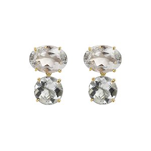 Brinco em ouro amarelo com cristal de quartzo e aplique de prasiolita