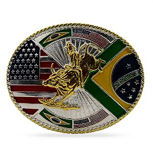 Fivela Boiadeira - Bandeira Brasil e EUA