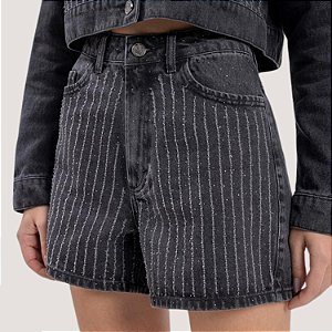 SHORT LEZ A LEZ JEANS BRUTO PRETO MOM COM BRILHO FEMININO