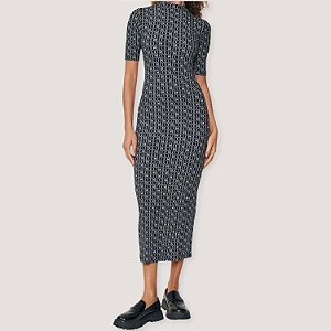 VESTIDO COLCCI MANGA CURTA PRETO ESTAMPADO CANELADO FEMININO