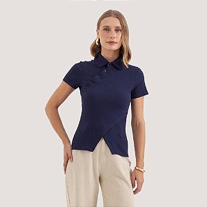 BLUSA MAMÕ MANGA CURTA POLO MALHA AZUL MARINHO FEMININO ADULTO
