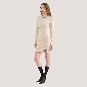 VESTIDO COLCCI MANGA LONGA CURTO CANELADO BEGE CLARO FEMININO ADULTO