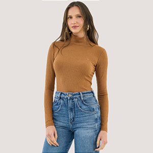 BLUSA COLCCI MANGA LONGA CANELADA GOLA ALTA MARROM FEMININO ADULTO