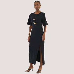 VESTIDO COLCCI MANGA CURTA LONGO ALGODÃO PRETO FEMINO ADULTO